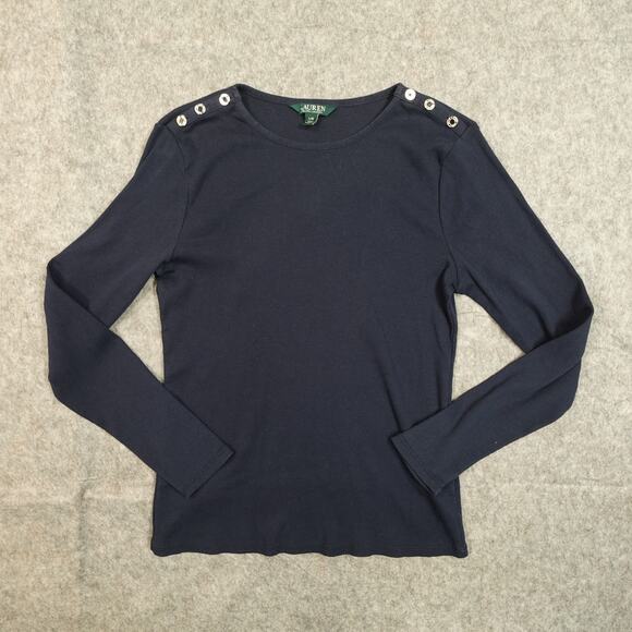 Ralph Lauren Top Womens Large Long Sleeve Button Preppy Navy Ribbed Knit Blue - Picture 1 of 10